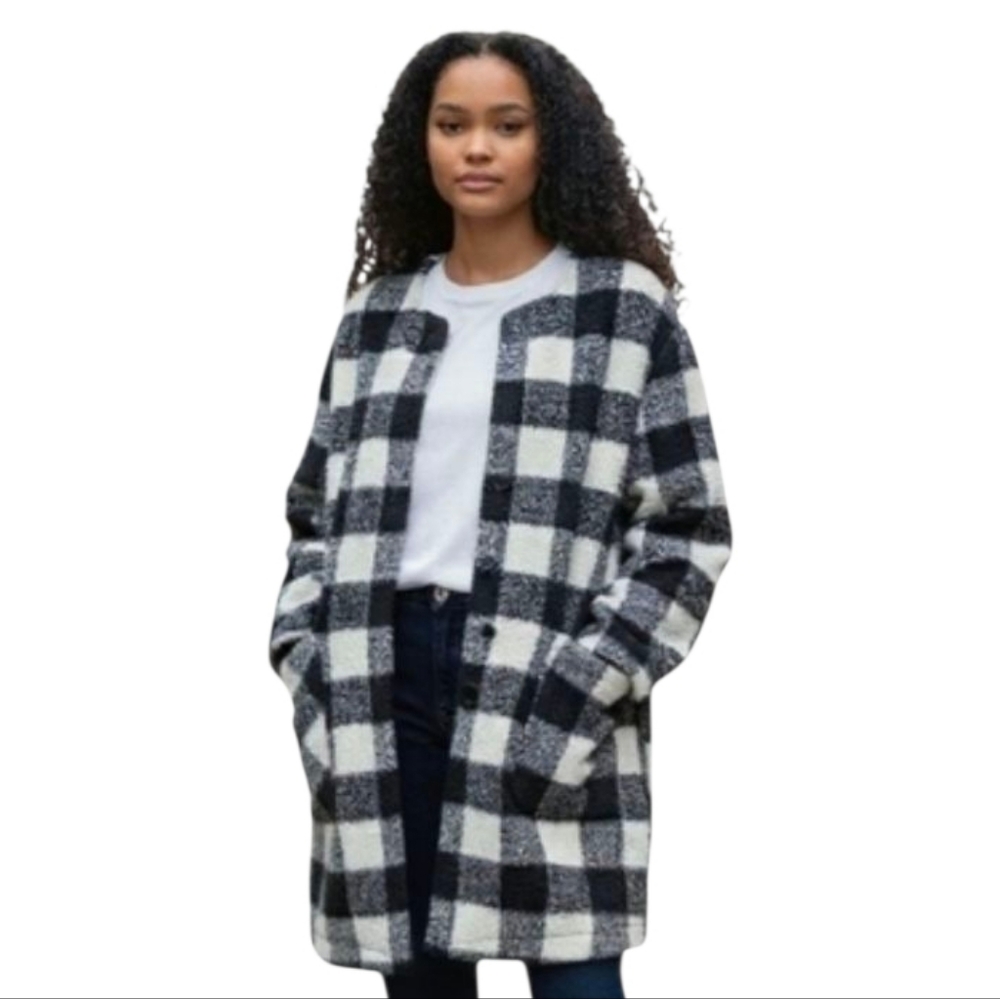 Cabincore Neutral Black White Fleece Buffalo Plaid Car Coat w Pockets women's M